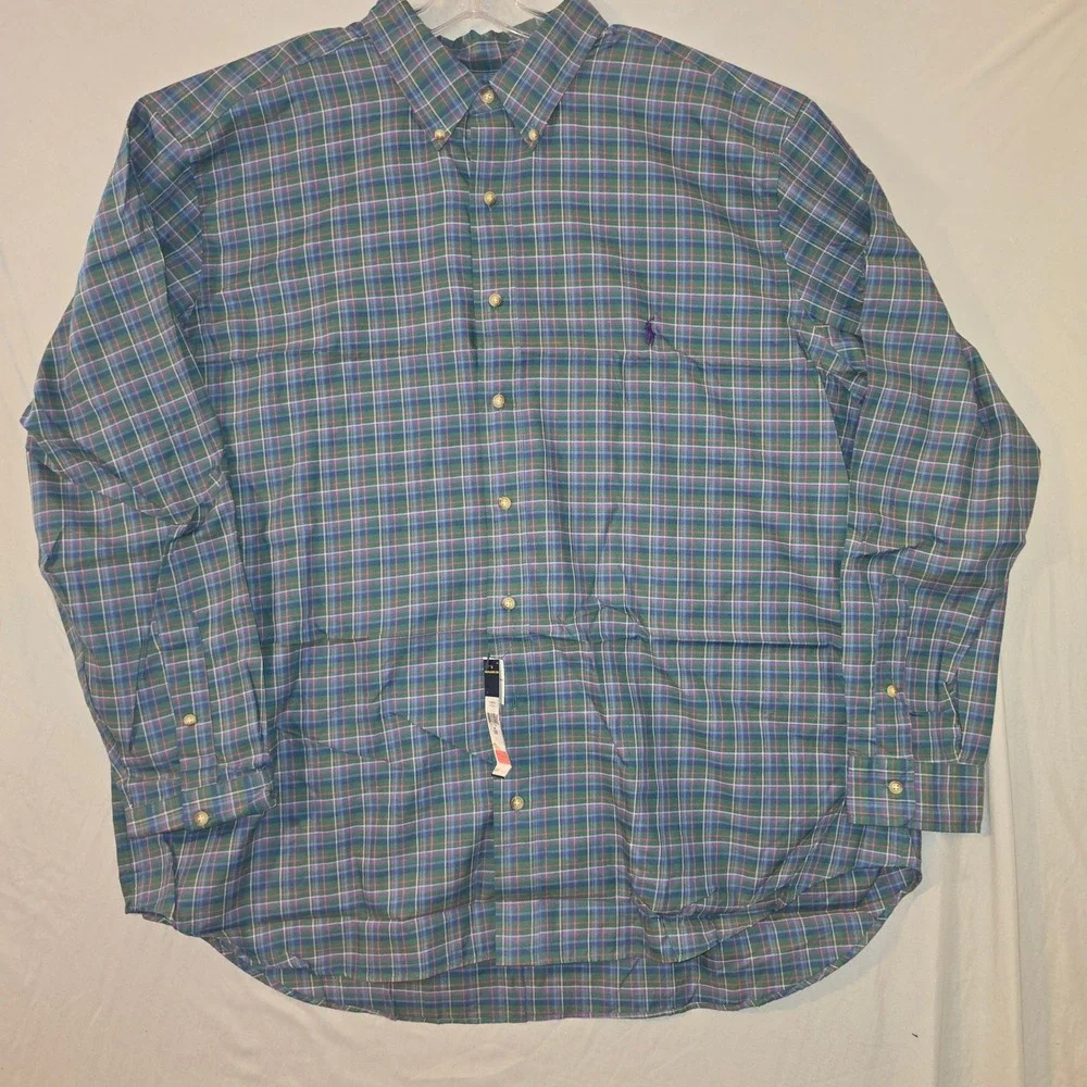 Ralph Lauren Button Down Shirt 2XB Mens Blue Green Plaid Classic Fit NWT